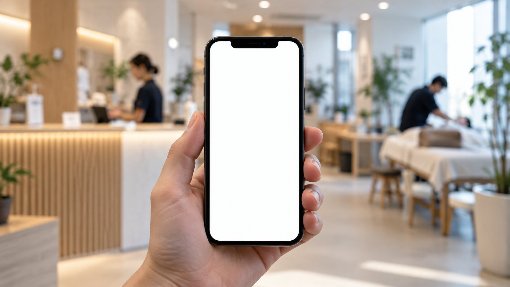 治療院の受付でスマートフォンから予約を取る