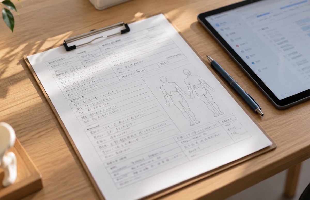 紙の施術録(カルテ)とタブレット